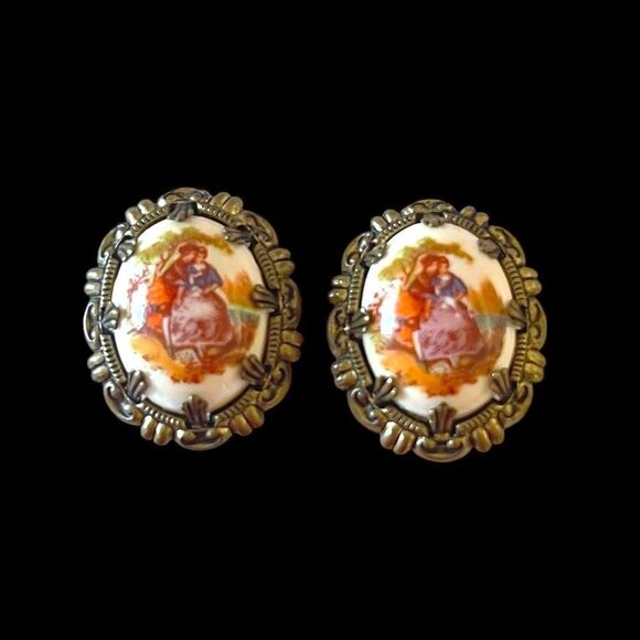 Vintage West Germany Porcelain Clip Earrings - Picture 3 of 5